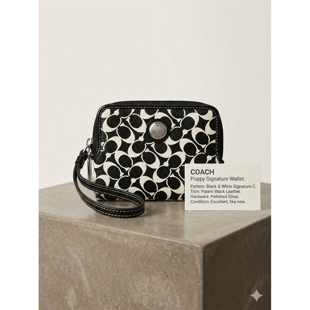 Coach Wallet Women OS Black Poppy Signature C Wristlet Monogram Zip Around